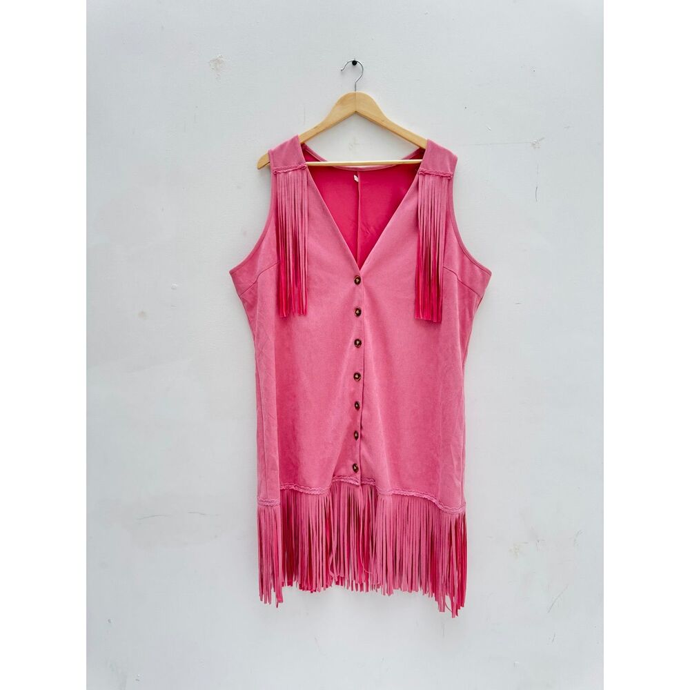 Pink Faux Suede Fringe Vest 3XL Western Cowgirl Festival Button Front